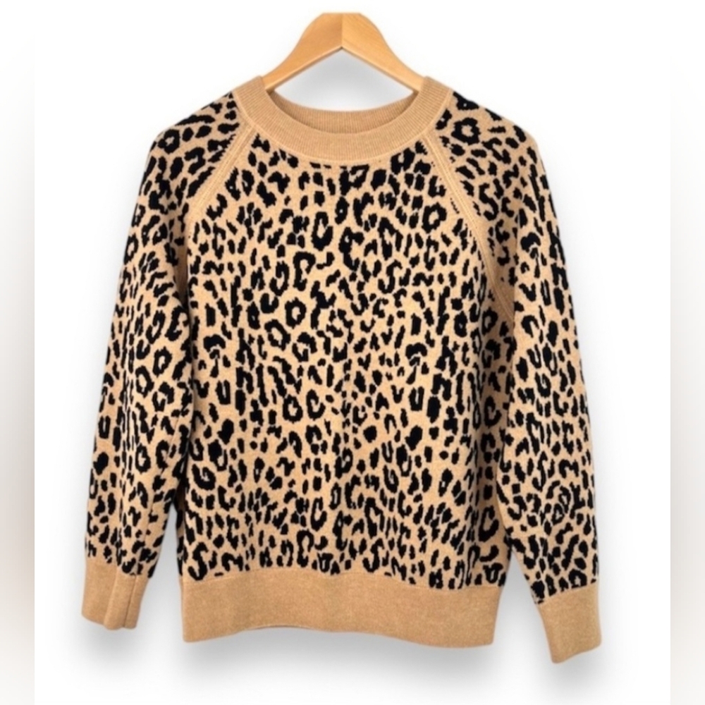 J. Crew boyfriend merino wool leopard print jacquard knit crewneck sweater